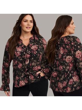 TORRID Poly Woven Chiffon Long Sleeve Ruffle Front Blouse Balloon Sleeves Sz 3X